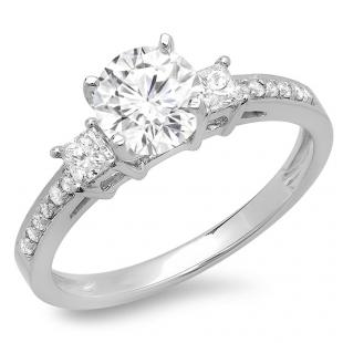 1.35 Carat (ctw) 14K White Gold Princess & Round Diamond Ladies Bridal 3 Stone Engagement Ring