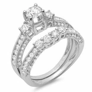 1.60 Carat (ctw) 14k White Gold Round Diamond Ladies Bridal 3 Stone Engagement Ring With Matching Wedding Band Set