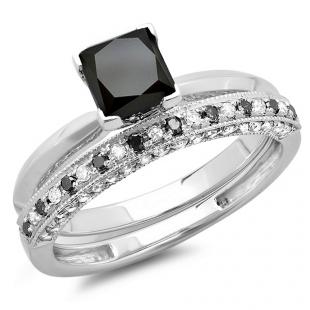 2.00 Carat (ctw) 18K White Gold Princess Cut Black & Round White Diamond Ladies Bridal Solitaire Engagement Ring With Matching Milgrain Wedding Band Set 2 CT