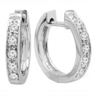 0.15 Carat (ctw) Round White Diamond Single Row Hoop Earrings in 10K White Gold