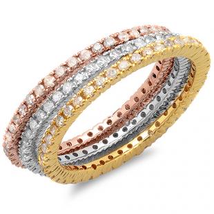 1.15 Carat (ctw) 14K White Yellow & Rose Gold Round White Diamond Ladies 3 Tone Eternity Wedding Anniversary Stackable Band 3 Pcs. Ring Set