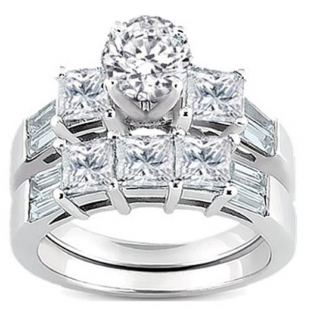 3.10 Carat (ctw) 10k White Gold Round Princess & Baguette Cut Diamond Ladies Bridal 3 Stone Engagement Ring With Matching Wedding Band Set 3 1/10 CT