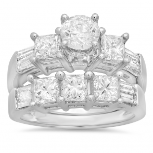 3.10 Carat (ctw) 14k White Gold Round Princess & Baguette Cut Diamond Ladies Bridal 3 Stone Engagement Ring With Matching Wedding Band Set 3 1/10 CT