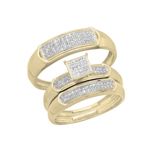 0.33 Carat (ctw) 18K Yellow Rhodium Plated Sterling Silver Round White Diamond Men & Women's Micro Pave Engagement Ring Trio Bridal Set 1/3 CT