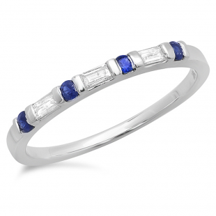 0.25 Carat (ctw) 10K White Gold Round Blue Sapphire and White Baguette Cut Diamond Ladies Anniversary Wedding Band Stackable Ring 1/4 CT