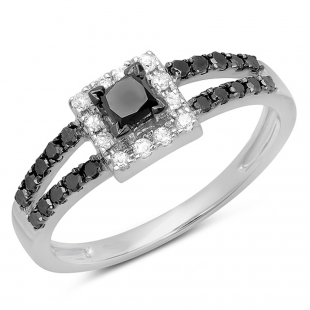 0.60 Carat (ctw) 10K White Gold Princess & Round Cut Black & White Diamond Ladies Bridal Split Shank Halo Style Engagement Ring