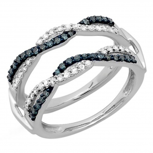 0.55 Carat (ctw) 18K White Gold Round White & Blue Diamond Ladies Swirl Style Anniversary Wedding Band Guard Double Ring 1/2 CT