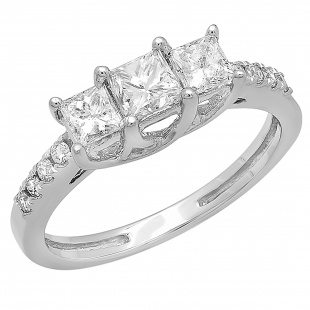1.00 Carat (ctw) 14K White Gold Princess & Round Diamond Ladies Bridal 3 Stone Engagement Ring 1 CT