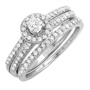 0.65 Carat (ctw) 14K White Gold Round Diamond Ladies Bridal Engagement Halo Ring With Matching Band Set