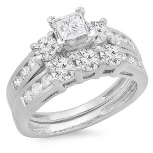 IGI CERTIFIED 1.90 Carat (ctw) 14K White Gold Princess & Round Diamond Ladies 3 Stone Bridal Engagement Ring With Matching Band Set