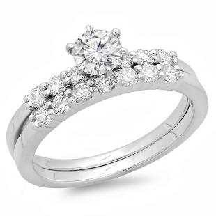 1.00 Carat (ctw) 14K White Gold Round Diamond Ladies Bridal Engagement Ring With Matching Band 1 CT