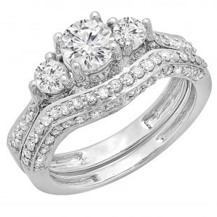 1.75 Carat (ctw) 14k White Gold Round Diamond Ladies Vintage 3 Stone Bridal Engagement Ring Set 1 3/4 CT