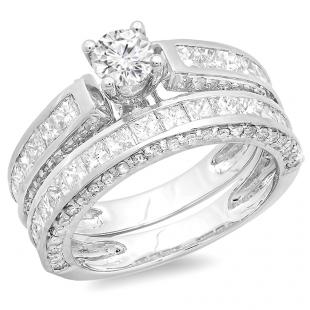 IGI CERTIFIED 3.00 Carat (ctw) 14K White Gold Princess & Round Diamond Ladies Bridal Engagement Ring Set With Matching Band 3 CT