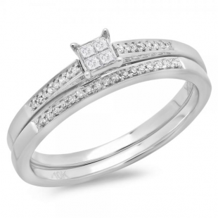 0.20 Carat (ctw) 10K White Gold Princess & Round Diamond Ladies Bridal Promise Engagement Ring With Matching Band Set 1/5 CT