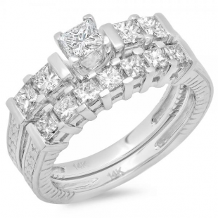 1.50 Carat (ctw) 14K White Gold Princess Cut Diamond Ladies Bridal 5 Stone Engagement Ring With Matching Band Set 1 1/2 CT