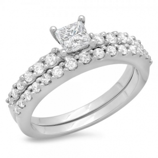 1.00 Carat (ctw) 14k White Gold Round & Princess Cut White Diamond Ladies Bridal Solitaire With Accents Engagement Ring With Matching Band Set 1 CT
