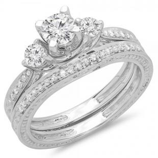 1.00 Carat (ctw) 14K White Gold Round Diamond Ladies Vintage 3 Stone Bridal Engagement Ring With Matching Band Set 1 CT