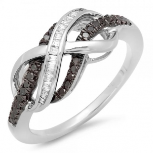 0.20 Carat (ctw) Sterling Silver Round & Baguette Cut Black & White Diamond Ladies Swirl Infinity Two Tone Wedding Ring 1/5 CT
