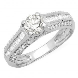 1.20 Carat (ctw) 14K White Gold Round & Baguette Cut Diamond Ladies Vintage Style Solitaire With Accents Bridal Engagement Ring 1 1/4 CT