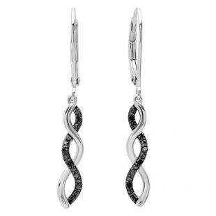 0.12 Carat (ctw) Sterling Silver Round Black Diamond Ladies Infinity Swirl Dangling Drop Earrings