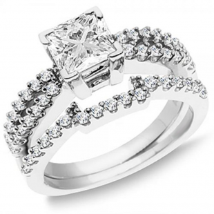 1.50 Carat (ctw) 14K White Gold Princess & Round White Diamond Ladies Split Shank Bridal Engagement Ring with Matching Wedding Band Set 1 1/2 CT