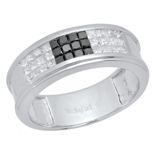 1.25 Carat (ctw) 10K White Gold Princess Cut Black & White Diamond Men's Invisible Set Wedding Band Anniversary Ring 1 1/4 CT