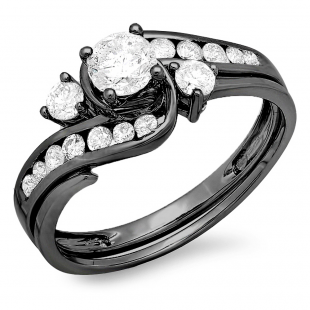 1.33 Carat (ctw) Black Rhodium Plated 18K White Gold Round Diamond Ladies Bridal Swirl Engagement Ring With Matching Band Set