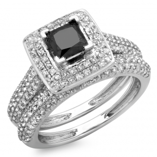 1.40 Carat (Ctw) 18K White Gold Princess & Round Cut Black & White Diamond Ladies Halo Bridal Engagement Ring With Matching Band Set