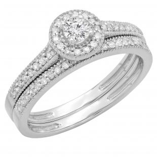 0.50 Carat (ctw) 18K White Gold Round Diamond Ladies Halo Style Bridal Engagement Ring With Matching Band Set 1/2 CT