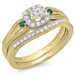 0.50 Carat (ctw) 18K Yellow Gold Round White and Blue Diamond Ladies Halo Style Bridal Engagement Ring With Matching Band Set 1/2 CT