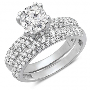 2.00 Carat (Ctw) 10K White Gold Round Cut Diamond Ladies Bridal Engagement Ring With Matching Band Set 2 CT