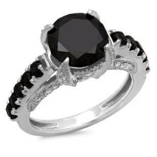 4.50 Carat (ctw)14K White Gold Round Black and White Diamond Ladies Vintage Style Solitaire With Accents Bridal Engagement Ring 4 CT