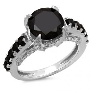 4.00 Carat (ctw)14K White Gold Round Black and White Diamond Ladies Vintage Style Solitaire With Accents Bridal Engagement Ring 4 CT