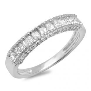 0.75 Carat (ctw) 14K White Gold Princess & Round Diamond Ladies Anniversary Wedding Matching Band Stackable Ring 3/4 CT