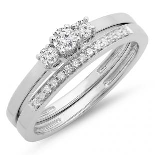 0.33 Carat (ctw) 18K White Gold Round Cut Diamond Ladies Bridal Engagement 3 Stone Ring With Matching Wedding Band Set 1/3 CT