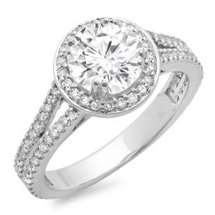 1.50 Carat (ctw) 14K White Gold Round Cut Diamond Ladies Bridal Split Shank Halo Engagement Ring 1 1/2 CT