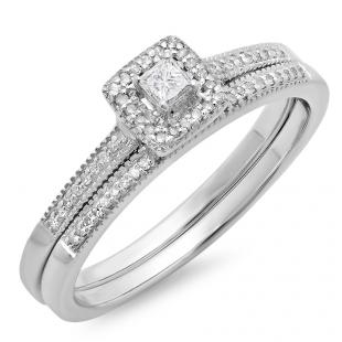 0.25 Carat (ctw) 10K White Gold Princess & Round Diamond Ladies Milgrain Bridal Halo Engagement Ring With Matching Band Set 1/4 CT
