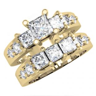 3.25 Carat (ctw) 14K Yellow Gold Princess & Round Diamond Ladies Bridal 3 Stone Engagement Ring With Matching Band Set 3 1/4 CT