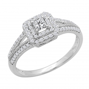 0.50 Carat (ctw) 18K White Gold Princess & Round Cut Diamond Ladies Split Shank Bridal Halo Engagement Ring 1/2 CT