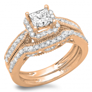 1.50 Carat (ctw) 10K Rose Gold Princess & Round Diamond Ladies Halo Style Bridal Engagement Ring With Matching Band Set 1 1/2 CT