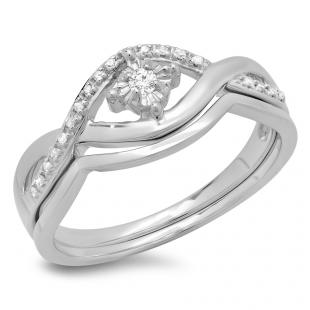 0.10 Carat (ctw) Sterling Silver Round Cut Diamond Ladies Crossover Swirl Bridal Engagement Ring With Matching Band Set 1/10 CT