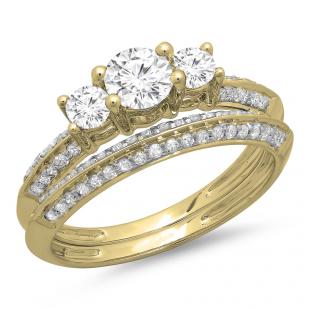 1.05 Carat (ctw) 14K Yellow Gold Round Cut Diamond Ladies 3 Stone Bridal Engagement Ring With Matching Band Set 1 CT