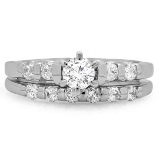 1.00 Carat (ctw) 10K White Gold Round Cut Diamond Ladies Bridal Solitaire With Accents Engagement Ring Matching Band Set 1 CT