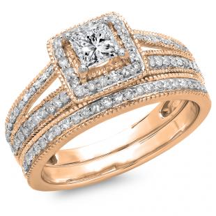 1.00 Carat (ctw) 18K Rose Gold Princess & Round Cut Diamond Ladies Split Shank Halo Bridal Engagement Ring With Matching Band Set 1 CT