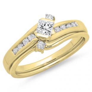 0.60 Carat (ctw) 18K Yellow Gold Princess & Round Cut Diamond Ladies Bridal Swirl Engagement Ring With Matching Band Set