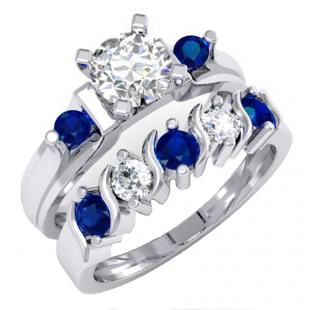1.85 Carat (ctw) 18K White Gold Round Blue & White Sapphire Ladies 3 Stone Bridal Engagement Ring Matching Band Set