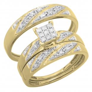 Round White Diamond Square Shape Head Matching Wedding Trio Ring Set for Him & Her (0.33 ctw, Color I-J, Clarity I1-I2) in 14K Yellow Gold