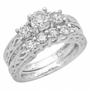 1.50 Carat (ctw) 18K White Gold Round Cut Diamond Ladies Vintage 3 Stone Bridal Engagement Ring With Matching 4 Stone Wedding Band Set 1 1/2 CT