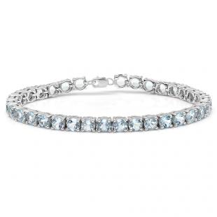 15.00 Carat (ctw) Sterling Silver Real Round Cut Aquamarine Ladies Tennis Bracelet
