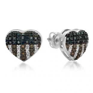 0.33 Carat (ctw) Sterling Silver Round White Blue & Champagne Diamond Ladies Heart Shape Fashion Earrings 1/3 CT